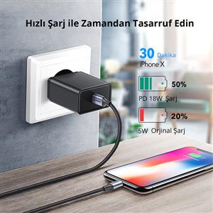UGREEN Type-C to Lightning 3A PD MFi Sertifikalı Örgülü Hızlı Şarj Kablosu, 1m - Gümüş
