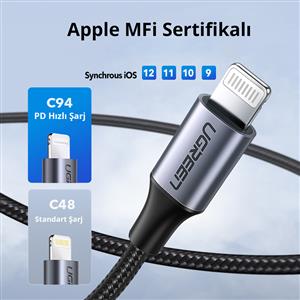 UGREEN Type-C to Lightning 3A PD MFi Sertifikalı Örgülü Hızlı Şarj Kablosu, 1m - Gümüş