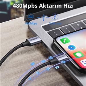 UGREEN Type-C to Lightning 3A PD MFi Sertifikalı Örgülü Hızlı Şarj Kablosu, 1m - Gümüş