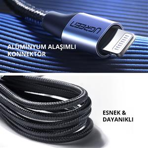 UGREEN Type-C to Lightning 3A PD MFi Sertifikalı Örgülü Hızlı Şarj Kablosu, 1m - Gümüş