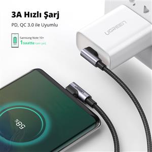 UGREEN USB-C 60W 3A QC PD Çift Tarafı 90 Derece Örgülü Hızlı Şarj Kalosu, 2m - Siyah