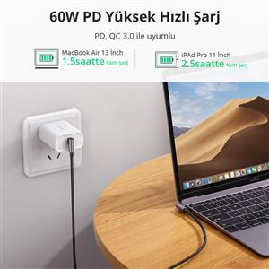 UGREEN USB-C 60W 3A QC PD Çift Tarafı 90 Derece Örgülü Hızlı Şarj Kalosu, 2m - Siyah