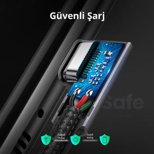 UGREEN USB-C 60W 3A QC PD Çift Tarafı 90 Derece Örgülü Hızlı Şarj Kalosu, 2m - Siyah