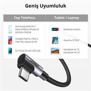 UGREEN USB-C 60W 3A QC PD Çift Tarafı 90 Derece Örgülü Hızlı Şarj Kalosu, 2m - Siyah