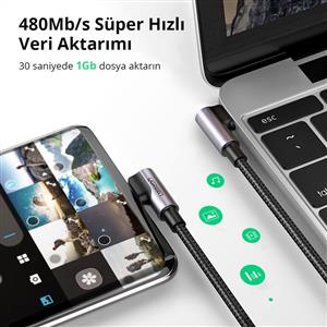 UGREEN USB-C 60W 3A QC PD Çift Tarafı 90 Derece Örgülü Hızlı Şarj Kalosu, 2m - Siyah