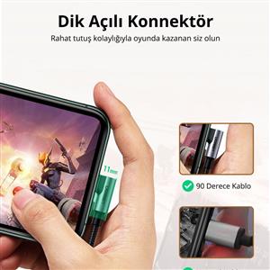 UGREEN USB-C to Lightning 3A QC PD 90 Derece Örgülü Hızlı Şarj Kablosu, 2m - Siyah