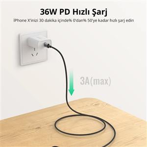 UGREEN USB-C to Lightning 3A QC PD 90 Derece Örgülü Hızlı Şarj Kablosu, 2m - Siyah