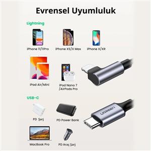 UGREEN USB-C to Lightning 3A QC PD 90 Derece Örgülü Hızlı Şarj Kablosu, 2m - Siyah