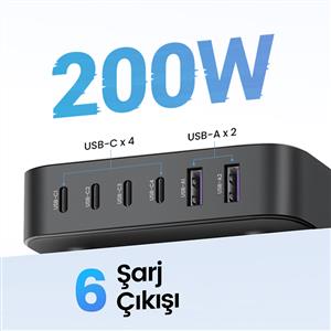 UGREEN Nexode 200W GaN II Masaüstü Hızlı Şarj Cihazı İstasyonu 4xUSB-C, 2xUSB-A - Gri