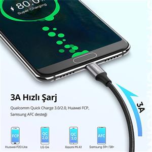 UGREEN USB-A to USB-C 3A QC Örgülü Hızlı Şarj Kablosu 1m - Siyah