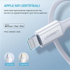 UGREEN Type-C to Lightning 3A PD MFi Hızlı Şarj Kablosu, 1m - Beyaz
