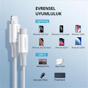 UGREEN Type-C to Lightning 3A PD MFi Hızlı Şarj Kablosu, 1m - Beyaz
