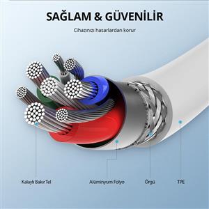 UGREEN Type-C to Lightning 3A PD MFi Hızlı Şarj Kablosu, 1m - Beyaz