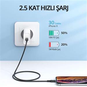 UGREEN Type-C to Lightning 3A PD MFi Sertifikalı Hızlı Şarj Kablosu, 1m - Siyah