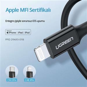 UGREEN Type-C to Lightning 3A PD MFi Sertifikalı Hızlı Şarj Kablosu, 1m - Siyah