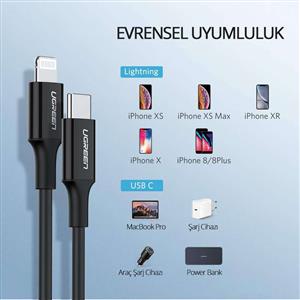 UGREEN Type-C to Lightning 3A PD MFi Sertifikalı Hızlı Şarj Kablosu, 1m - Siyah