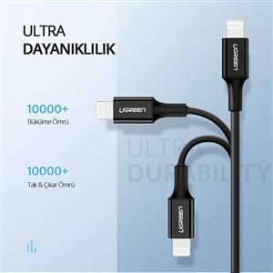 UGREEN Type-C to Lightning 3A PD MFi Sertifikalı Hızlı Şarj Kablosu, 1m - Siyah
