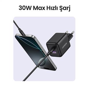 UGREEN 30W GaN Hızlı Şarj Cihazı 2 Portlu, 1xUSB-A, 1xUSB-C, - Siyah