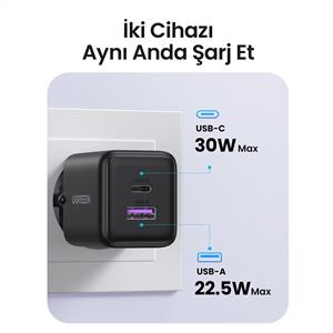 UGREEN 30W GaN Hızlı Şarj Cihazı 2 Portlu, 1xUSB-A, 1xUSB-C, - Siyah