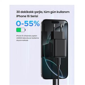 UGREEN 30W GaN Hızlı Şarj Cihazı 2 Portlu, 1xUSB-A, 1xUSB-C, - Siyah