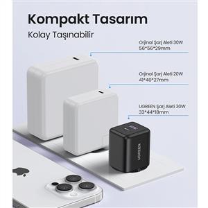 UGREEN 30W GaN Hızlı Şarj Cihazı 2 Portlu, 1xUSB-A, 1xUSB-C, - Siyah