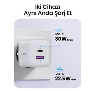UGREEN 30W GaN Hızlı Şarj Cihazı 2 Portlu, 1xUSB-A, 1xUSB-C, - Beyaz