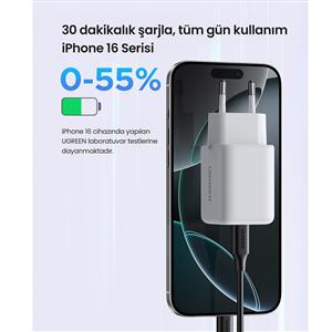 UGREEN 30W GaN Hızlı Şarj Cihazı 2 Portlu, 1xUSB-A, 1xUSB-C, - Beyaz