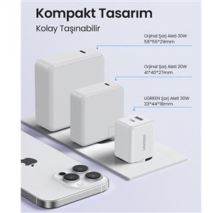 UGREEN 30W GaN Hızlı Şarj Cihazı 2 Portlu, 1xUSB-A, 1xUSB-C, - Beyaz