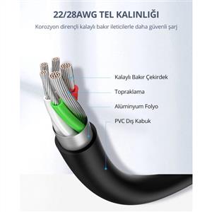 UGREEN USB-A to USB-C 3A/18W Nikel Kaplama Hızlı Şarj Kablosu 2m - Beyaz