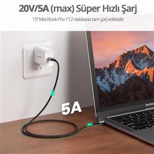 UGREEN USB-C 5A/100W Örgü Hızlı Şarj Kablosu 1m - Siyah