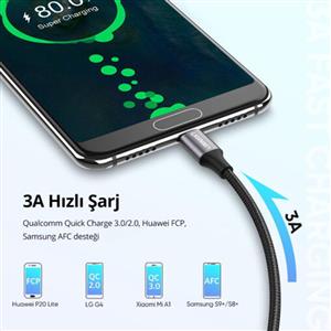 UGREEN USB-A to USB-C 3A/18W Örgü Hızlı Şarj ve Data Kablosu 2m - Siyah