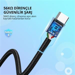 UGREEN USB-A to USB-C 3A/18W Örgü Hızlı Şarj ve Data Kablosu 2m - Siyah