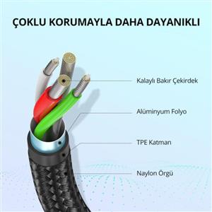 UGREEN USB-A to USB-C 3A/18W Örgü Hızlı Şarj ve Data Kablosu 2m - Siyah