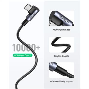 UGREEN Right Angle USB-A to USB-C Şarj Kablosu 1m - Uzay Grisi