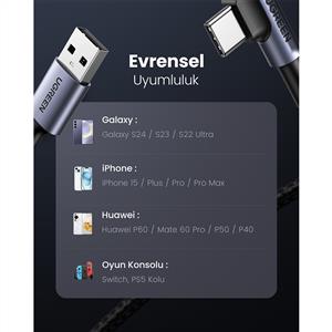 UGREEN Right Angle USB-A to USB-C Şarj Kablosu 1m - Uzay Grisi
