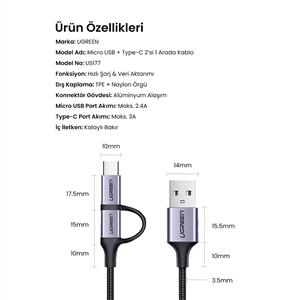UGREEN 2'si 1 Arada Örgülü USB-A to Type-C ve Micro Şarj ve Data Kablosu 1m - Siyah