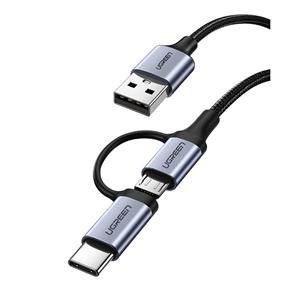 UGREEN 2'si 1 Arada Örgülü USB-A to Type-C ve Micro Şarj ve Data Kablosu 1m - Siyah