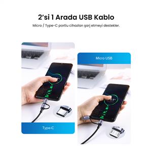 UGREEN 2'si 1 Arada Örgülü USB-A to Type-C ve Micro Şarj ve Data Kablosu 1m - Siyah