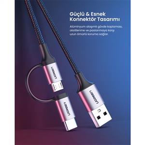 UGREEN 2'si 1 Arada Örgülü USB-A to Type-C ve Micro Şarj ve Data Kablosu 1m - Siyah