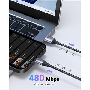 UGREEN USB-A to USB-C 3A QC Örgülü Hızlı Şarj Kablosu 0,5 Metre - Siyah