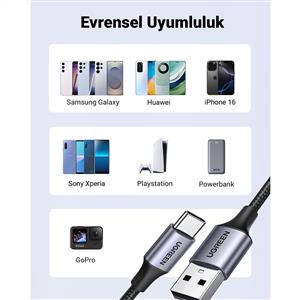 UGREEN USB-A to USB-C 3A QC Örgülü Hızlı Şarj Kablosu 0,5 Metre - Siyah