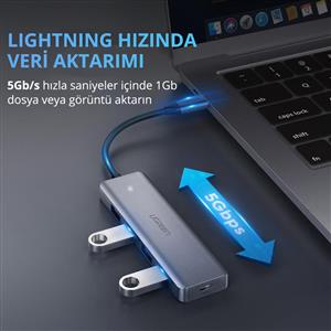 UGREEN Type-C to USB 3.0 4 Port USB Hub Çoklayıcı - Gri