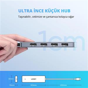 UGREEN Type-C to USB 3.0 4 Port USB Hub Çoklayıcı - Gri