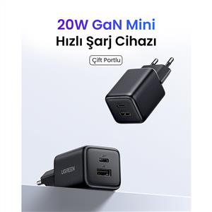 UGREEN 20W GaN Hızlı Şarj Cihazı Type-C QC PD 1xUSB-C, 1xUSB-A, Siyah