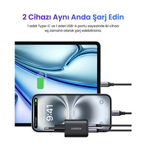 UGREEN 20W GaN Hızlı Şarj Cihazı Type-C QC PD 1xUSB-C, 1xUSB-A, Siyah