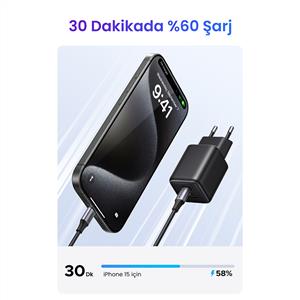 UGREEN 20W GaN Hızlı Şarj Cihazı Type-C QC PD 1xUSB-C, 1xUSB-A, Siyah