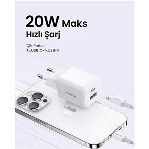 UGREEN 20W GaN Hızlı Şarj Cihazı Type-C QC PD 1xUSB-C, 1xUSB-A, Beyaz