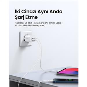 UGREEN 20W GaN Hızlı Şarj Cihazı Type-C QC PD 1xUSB-C, 1xUSB-A, Beyaz