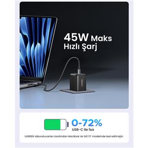UGREEN 45W GaN Hızlı Şarj Cihazı Type-C QC PD 2xUSB-C - Siyah