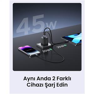 UGREEN 45W GaN Hızlı Şarj Cihazı Type-C QC PD 2xUSB-C - Siyah
